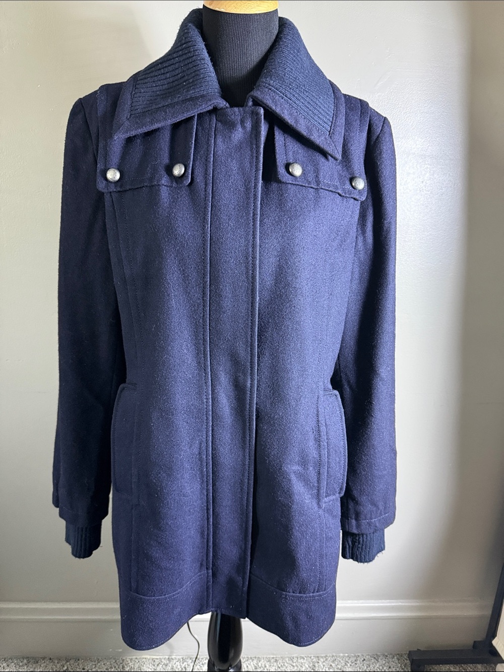 Buffalo Outwear Buff 5 Navy Wool Blend Coat Knit Collar & Thumb Hole Cuffs Sz XL